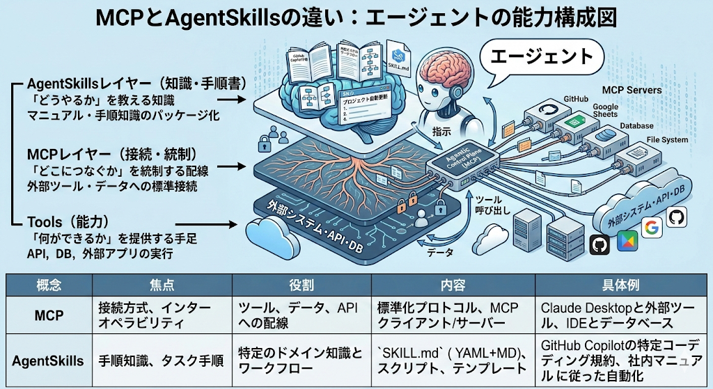 MCPとSkillsの関係図(MCP=接続、Skills=手順、Policy=制御)